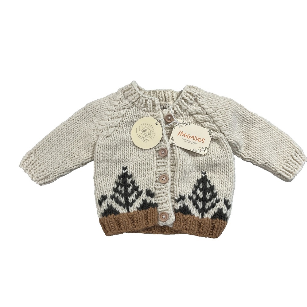 Huggalugs Cardigan Sweater 6-12 Months White Pine Trees Forest Cable Knit